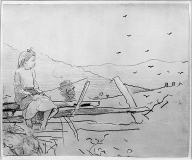 Winslow Homer (American, 1836-1910). <em>Girl Seated on a Rail Fence</em>, ca. 1878. Graphite with opaque white washes on beige medium weight, slightly textured wove paper, Sheet: 6 11/16 x 8 1/16 in. (17 x 20.5 cm). Brooklyn Museum, Frederick Loeser Fund, 28.210 (Photo: Brooklyn Museum, 28.210_acetate_bw.jpg)