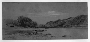 Thomas Moran (American, 1837-1926). <em>On the Delaware at Point Pleasant</em>, 1857. Graphite and white chalk on grayish brown, medium thick, slightly textured wove paper, Sheet: 3 15/16 x 8 3/4 in. (10 x 22.2 cm). Brooklyn Museum, Anonymous gift, 28.274 (Photo: Brooklyn Museum, 28.274_bw_IMLS.jpg)