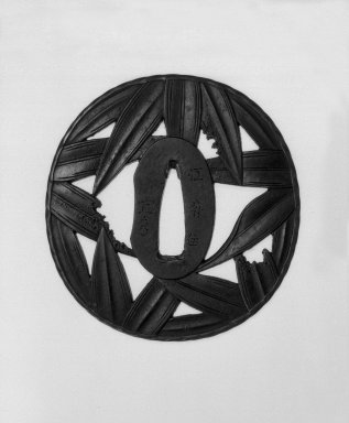 Yedo. <em>Sword Guard</em>, 19th century. Iron and shakudo, 2 3/4 x 2 15/16 x 3/16 in. (7 x 7.5 x 0.4 cm). Brooklyn Museum, Gift of F. Ethel Wickham, 28.695. Creative Commons-BY (Photo: Brooklyn Museum, 28.695_front_bw.jpg)