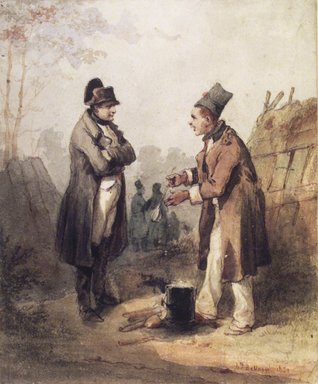 Joseph-Louis-Hippolyte Bellangé (French, 1800-1866). <em>Napoleon Standing with a Soldier</em>, 1831. Graphite and watercolor on wove paper, sheet: 4 5/8 x 3 15/16 in. (11.7 x 10 cm). Brooklyn Museum, Bequest of Marion Reilly, 29.1411 (Photo: Brooklyn Museum, 29.1411_transp961.jpg)