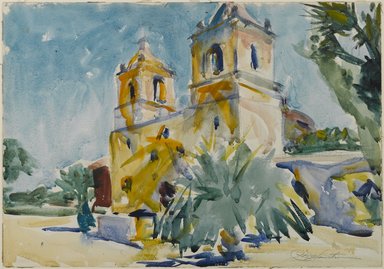 Charles W. Hawthorne (American, 1872-1930). <em>The Mission</em>, 1928. Transparent watercolor with touches of opaque watercolor over black conte crayon on beige, thick, moderate-rough textured wove paper, 13 3/8 x 19 7/16 in. (34 x 49.4 cm). Brooklyn Museum, Museum Collection Fund, 29.1422 (Photo: Brooklyn Museum, 29.1422_PS1.jpg)