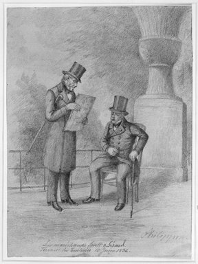 Charles Philipon (French, 1806-1862). <em>Terrace of the Tuileries</em>, 1836. Pencil on wove paper, Image: 8 1/2 x 6 5/16 in. (21.6 x 16 cm). Brooklyn Museum, Bequest of Marion Reilly, 29.235 (Photo: Brooklyn Museum, 29.235_bw.jpg)