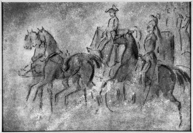 Constantin Guys (French, 1805-1892). <em>Calèche No. 3</em>, n.d. Pencil, charcoal, and wash on wove paper, Sheet: 6 3/4 x 9 1/2 in. (17.1 x 24.1 cm). Brooklyn Museum, Museum Collection Fund, 29.76 (Photo: Brooklyn Museum, 29.76_acetate_bw.jpg)
