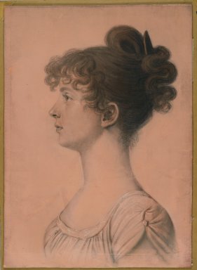 Charles Balthazar Julien Févret de Saint-Mémin (French, 1770-1852, active United States, 1793-1814). <em>Elizabeth Bland Mayo Fulton of Powhattan Seat</em>, ca. 1808. Charcoal, black crayon, red and white chalk, and pastel on paper coated with pink opaque watercolor and pastel mounted to wood-pulp board, sheet: 21 1/2 x 15 7/16 in. (54.6 x 39.2 cm). Brooklyn Museum, Museum Collection Fund, 30.1105 (Photo: Brooklyn Museum, 30.1105_PS2.jpg)