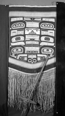 Tlingit. <em>Chilkat Blanket</em>, 18th century. Mountain goat wool, cedar bark, caribou or whale sinew, dye, 53 15/16 x 69 1/8 in. (137 x 175.6 cm). Brooklyn Museum, Bequest of Dr. James S. Waterman, 30.1443. Creative Commons-BY (Photo: Brooklyn Museum, 30.1443_acetate_bw.jpg)