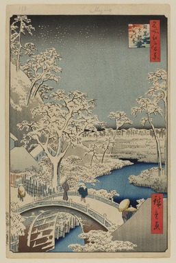 Utagawa Hiroshige (Ando) (Japanese, 1797-1858). <em>Meguro Drum Bridge and Sunset Hill, No. 111 from One Hundred Famous Views of Edo</em>, 4th month of 1857. Woodblock print, Sheet: 14 3/16 x 9 1/4 in. (36 x 23.5 cm). Brooklyn Museum, Gift of Anna Ferris, 30.1478.111 (Photo: Brooklyn Museum, 30.1478.111_PS20.jpg)