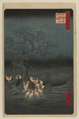 Utagawa Hiroshige (Japanese, 1797–1858). <em>New Year's Eve Foxfires at the Changing Tree, Oji, No. 118 from One Hundred Famous Views of Edo</em>, 9th month of 1857. Woodblock print, sheet:  14 3/16 x 9 1/4 in.  (36.0 x 23.5 cm);. Brooklyn Museum, Gift of Anna Ferris, 30.1478.118 (Photo: Brooklyn Museum, 30.1478.118_PS20.jpg)