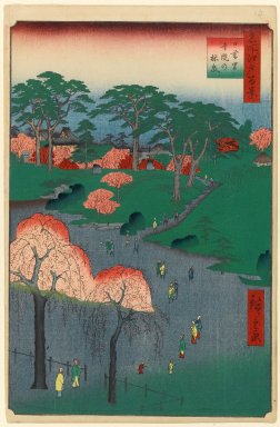 Utagawa Hiroshige (Ando) (Japanese, 1797-1858). <em>Temple Gardens, Nippori, No. 14 in One Hundred Famous Views of Edo</em>, 2nd month of 1857. Woodblock print, Image: 13 3/8 x 9 in. (34 x 22.9 cm). Brooklyn Museum, Gift of Anna Ferris, 30.1478.14 (Photo: Brooklyn Museum, 30.1478.14_PS1.jpg)