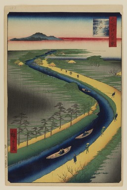 Utagawa Hiroshige (Japanese, 1797–1858). <em>Towboats Along the Yotsugi-dori Canal, No. 33 in One Hundred Famous Views of Edo</em>, 2nd month of 1857. Woodblock print, Sheet: 14 1/4 x 9 1/8 in. (36.2 x 23.2 cm). Brooklyn Museum, Gift of Anna Ferris, 30.1478.33 (Photo: Brooklyn Museum, 30.1478.33_PS20.jpg)