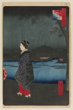 Utagawa Hiroshige (Japanese, 1797-1858). <em>Night View of the Matsuchiyama and Sam'ya Canal (Matsuchiyama San'yabori Yakei), No. 34 from One Hundred Famous Views of Edo</em>, 8th month of 1857. Woodblock print, Sheet: 14 3/16 x 9 1/4 in. (36 x 23.5 cm). Brooklyn Museum, Gift of Anna Ferris, 30.1478.34 (Photo: Brooklyn Museum, 30.1478.34_PS20.jpg)