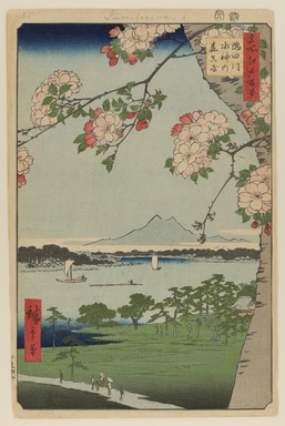 Utagawa Hiroshige (Japanese, 1797–1858). <em>Suijin Shrine and Massaki on the Sumida River (Sumidagawa Suijin no Mori Massaki), No. 35 from One Hundred Famous Views of Edo</em>, 8th month of 1856. Woodblock print, Sheet: 14 3/16 x 9 1/4 in. (36 x 23.5 cm). Brooklyn Museum, Gift of Anna Ferris, 30.1478.35 (Photo: Brooklyn Museum, 30.1478.35_PS20.jpg)