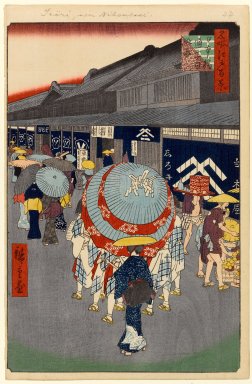 Utagawa Hiroshige (Ando) (Japanese, 1797-1858). <em>View of Nihonbashi Tori-itchome (Nihonbashi Tori-itchome Ryakuzu), No. 44 from One Hundred Famous Views of Edo</em>, 8th month of 1858. Woodblock print, 14 3/16 x 9 3/8in. (36 x 23.8cm). Brooklyn Museum, Gift of Anna Ferris, 30.1478.44 (Photo: Brooklyn Museum, 30.1478.44_PS1.jpg)