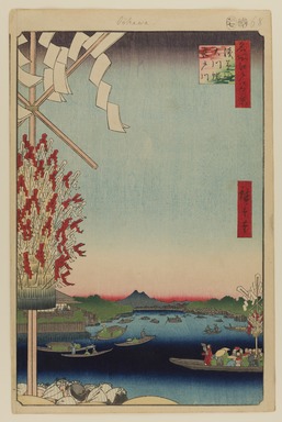 Utagawa Hiroshige (Japanese, 1797-1858). <em>Asakusa River, Great Riverbank, Miyato River, No. 60 from One Hundred Famous Views of Edo</em>, 7th month of 1857. Woodblock print, Sheet: 14 5/16 x 9 5/16 in. (36.4 x 23.7 cm). Brooklyn Museum, Gift of Anna Ferris, 30.1478.60 (Photo: Brooklyn Museum, 30.1478.60_PS20.jpg)