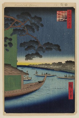 Utagawa Hiroshige (Japanese, 1797–1858). <em>Pine of Success and Oumayagashi, Asakusa River, No. 61 from One Hundred Famous Views of Edo</em>, 8th month of 1856. Woodblock print, Sheet: 14 1/4 x 9 5/16 in. (36.2 x 23.7 cm). Brooklyn Museum, Gift of Anna Ferris, 30.1478.61 (Photo: Brooklyn Museum, 30.1478.61_PS20.jpg)