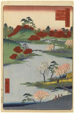 Utagawa Hiroshige (Ando) (Japanese, 1797-1858). <em>Open Garden at Fukagawa Hachiman Shrine, No. 68 from One Hundred Famous Views of Edo</em>, 8th month of 1857. Woodblock print, Sheet: 14 1/4 x 9 5/16 in. (36.2 x 23.7 cm). Brooklyn Museum, Gift of Anna Ferris, 30.1478.68 (Photo: Brooklyn Museum, 30.1478.68_PS1.jpg)