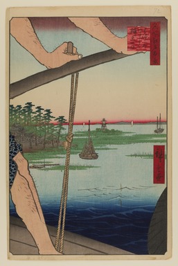 Utagawa Hiroshige (Japanese, 1797-1858). <em>Haneda Ferry and Benten Shrine (Haneda no Watashi Benten), No. 72 from One Hundred Famous Views of Edo</em>, 8th month of 1858. Woodblock print, Sheet: 14 1/4 x 9 1/4 in. (36.2 x 23.5 cm). Brooklyn Museum, Gift of Anna Ferris, 30.1478.72 (Photo: Brooklyn Museum, 30.1478.72_PS20.jpg)