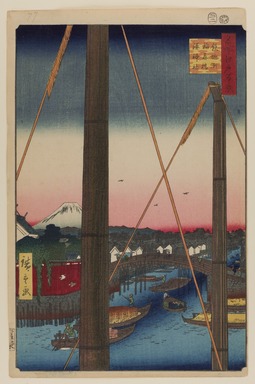 Utagawa Hiroshige (Japanese, 1797-1858). <em>Inari Bridge and Minato Shrine, Teppozu, No. 77 from One Hundred Famous Views of Edo</em>, 2nd month of 1857. Woodblock print, Sheet: 14 3/16 x 9 1/4 in. (36 x 23.5 cm). Brooklyn Museum, Gift of Anna Ferris, 30.1478.77 (Photo: Brooklyn Museum, 30.1478.77_PS20.jpg)