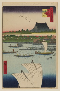 Utagawa Hiroshige (Japanese, 1797-1858). <em>Teppozu and Tsukiji Honganji Temple, No. 78 from One Hundred Famous Views of Edo</em>, 7th month of 1858. Woodblock print, Sheet: 14 3/16 x 9 1/4 in. (36 x 23.5 cm). Brooklyn Museum, Gift of Anna Ferris, 30.1478.78 (Photo: Brooklyn Museum, 30.1478.78_PS20.jpg)