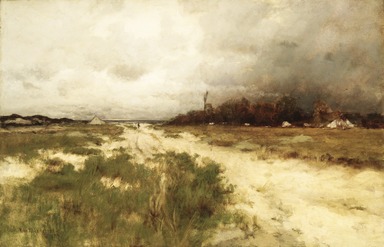 Robert A. Eichelberger (American, died 1890). <em>Coast Landscape, Dunes and Windmill</em>, 1899. Oil on canvas, 18 3/4 x 29 1/16 in. (47.6 x 73.8 cm). Brooklyn Museum, Gift of the University Club, 31.696 (Photo: Brooklyn Museum, 31.696_transp1084.jpg)