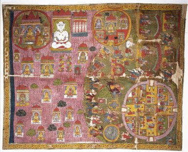 Indian. <em>Jain Pilgrimage</em>, ca. 1750?. Opaque watercolor and gold on cotton, 30 5/16 x 37 13/16in. (77 x 96cm). Brooklyn Museum, Brooklyn Museum Collection, 31.746 (Photo: Brooklyn Museum, 31.746_IMLS_SL2.jpg)