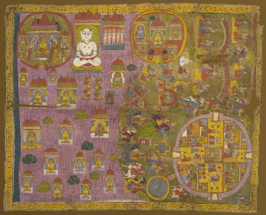 Indian. <em>Jain Pilgrimage</em>, ca. 1750?. Opaque watercolor and gold on cotton, 30 5/16 x 37 13/16in. (77 x 96cm). Brooklyn Museum, Brooklyn Museum Collection, 31.746 (Photo: Brooklyn Museum, 31.746_after_treatment_PS2.jpg)