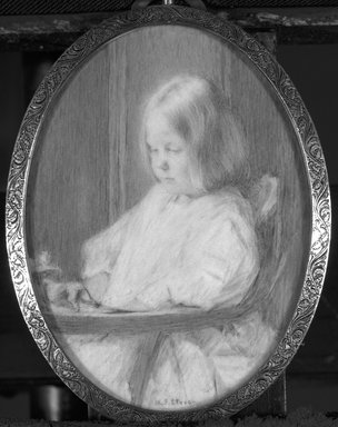 Maria Judson Strean (American, 1865–1949). <em>Child at Play</em>, ca. 1916. Watercolor on ivory portrait in brass frame under glass, Image (sight): 3 3/4 x 2 3/4 in. (9.5 x 7 cm). Brooklyn Museum, Museum Collection Fund, 31.754 (Photo: Brooklyn Museum, 31.754_bw_SL1.jpg)