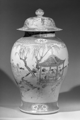  <em>Jar with Cover, One of Pair</em>, late 18th century. Porcelain with famille rose decoration, 19 x 10 13/16 in. (48.2 x 27.4 cm). Brooklyn Museum, Gift of the executors of the Estate of Colonel Michael Friedsam, 32.1125.1a-b. Creative Commons-BY (Photo: Brooklyn Museum, 32.1125.1a-b_acetate_bw.jpg)