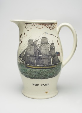 Unknown. <em>Pitcher</em>, ca. 1805. Glazed earthenware, Height: 9 3/8 in. (23.8 cm). Brooklyn Museum, Bequest of Caroline Low and Charles T. Pierce, 32.142.63. Creative Commons-BY (Photo: Brooklyn Museum, 32.142.63_view01_PS11.jpg)
