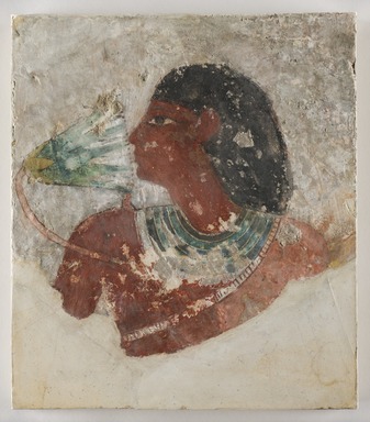  <em>Painting of a Man Smelling a Lotus Flower</em>, ca. 1479–1390 B.C.E. Limestone, gesso, pigment, 9 11/16 × 8 3/8 in. (24.6 × 21.3 cm). Brooklyn Museum, Charles Edwin Wilbour Fund, 32.1600 (Photo: Brooklyn Museum, 32.1600_PS20.jpg)