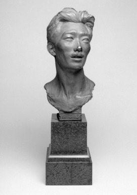 Emil Fuchs (American, born Austria, 1866-1929). <em>Japanese Gentleman</em>, 1913. Bronze, marble, 29 3/8 x 8 7/8 x 10 in. (74.6 x 22.5 x 25.4 cm). Brooklyn Museum, Gift of the Estate of Emil Fuchs, 32.2092.21. Creative Commons-BY (Photo: Brooklyn Museum, 32.2092.21_bw.jpg)