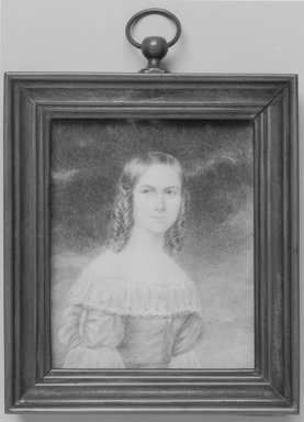 Rademacher. <em>Miniature of a young woman</em>, n.d. Watercolor on ivory portrait in metal frame with glass lens, Image (sight): 3 13/16 x 3 1/8 in. (9.7 x 7.9 cm). Brooklyn Museum, Bequest of Margaret S. Bedell, 32.469 (Photo: Brooklyn Museum, 32.469_bw.jpg)