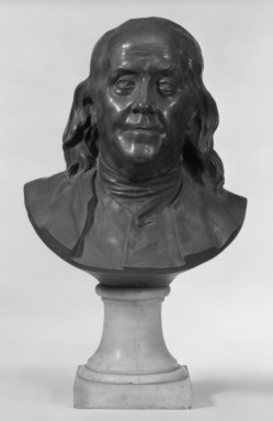 Jean-Antoine Houdon (French, 1741-1828). <em>Bust of Benjamin Franklin</em>, ca. 1778. Bronze bust mounted on white marble base, 18 7/8 x 11 3/8 x 8 5/8 in. (47.9 x 28.9 x 21.9 cm). Brooklyn Museum, Gift of the executors of the Estate of Colonel Michael Friedsam, 32.690. Creative Commons-BY (Photo: Brooklyn Museum, 32.690_front_view2_bw.jpg)