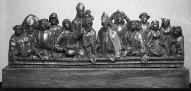 Unknown. <em>Group of Saints</em>, ca. 1500. Carved wood, 14 3/4 x 39 in. (37.5 x 99.1 cm). Brooklyn Museum, Gift of the executors of the Estate of Colonel Michael Friedsam, 32.699. Creative Commons-BY (Photo: Brooklyn Museum, 32.699_acetate_bw.jpg)