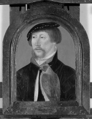 French School. <em>Portrait of Man With a Falcon</em>, 1525-1550., frame: 13 x 10 1/2 in. (33 x 26.7 cm). Brooklyn Museum, Gift of the executors of the Estate of Colonel Michael Friedsam, 32.800 (Photo: Brooklyn Museum, 32.800_framed_bw.jpg)