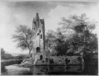 Meindert Hobbema (Dutch, 1638-1709). <em>Ruins of the Chateau Kostverloren</em>. Oil on panel, 15 7/8 x 20 7/8in. (40.3 x 53cm). Brooklyn Museum, Gift of the executors of the Estate of Colonel Michael Friedsam, 32.822 (Photo: Brooklyn Museum, 32.822_acetate_bw.jpg)