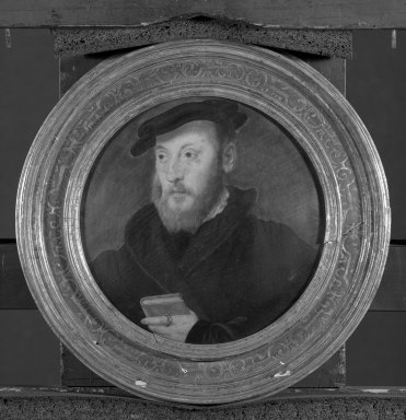 Unknown. <em>Portrait of a Man with a Red Prayer Book</em>, 1555. Tempera on panel, 7 3/4 in.  (19.7 cm) (diameter). Brooklyn Museum, Gift of the executors of the Estate of Colonel Michael Friedsam, 32.824 (Photo: Brooklyn Museum, 32.824_framed_bw.jpg)