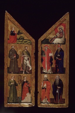 Guglielmo Veneziano (Italian, School of Venice and the Marches, active 3rd quarter of the 14th century). <em>Two Wings of a Triptych: Angel Annunciate with Saints Francis, John the Baptist, Catherine of Alexandria and Mary Magdalene (Left Wing); Virgin Annunciate with Saints Jerome, Augustine, Gregory and Anthony Abbot</em>, late 14th century. Tempera and gold on panel, Proper right wing--a: 19 5/16 x 6 3/16 x 5/8 in. (49.1 x 15.7 x 1.6 cm). Brooklyn Museum, Gift of the executors of the Estate of Colonel Michael Friedsam, 32.856a-b (Photo: Brooklyn Museum, 32.856A-B.jpg)
