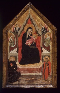 Italian (Aretine School). <em>Virgin and Child Enthroned with Saints Benedict and Donato (?) and Four Angels</em>, 1320–1330. Tempera and tooled gold on panel in an original engaged frame, 20 x 12 x 2 in. (50.8 x 30.5 x 5.1 cm). Brooklyn Museum, Gift of the executors of the Estate of Colonel Michael Friedsam, 32.856c (Photo: Brooklyn Museum, 32.856c.jpg)