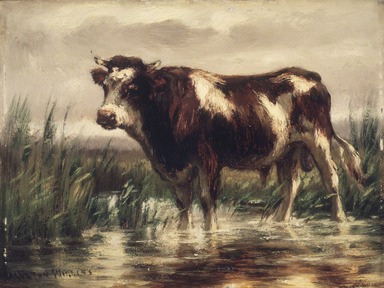 John Carleton Wiggins (American, 1848-1932). <em>Landscape with Bull</em>, ca. 1885. Oil on board, 5 1/2 x 7 1/2 in. (14 x 19 cm). Brooklyn Museum, Gift of the executors of the Estate of Colonel Michael Friedsam, 32.873 (Photo: Brooklyn Museum, 32.873.jpg)