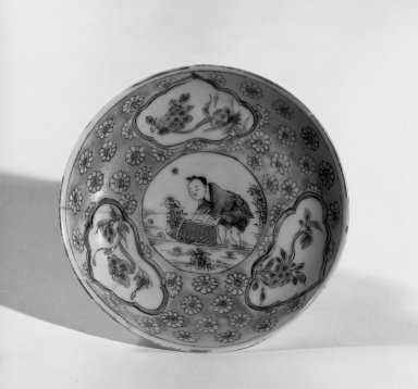  <em>Cup and Saucer</em>, 1723-1735. Porcelain with famille rose decoration, A: 1 1/4 x 2 3/4 in. (3.2 x 7 cm). Brooklyn Museum, Gift of the executors of the Estate of Colonel Michael Friedsam, 32.971. Creative Commons-BY (Photo: Brooklyn Museum, 32.971b_acetate_bw.jpg)