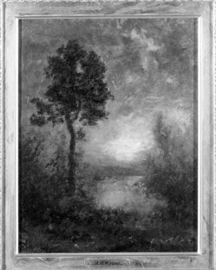 Alexander Helwig Wyant (American, 1836-1892). <em>Sunset</em>, ca. 1892. Oil on canvas, 10 5/16 x 8 1/8 in. (26.2 x 20.6 cm). Brooklyn Museum, Gift of Cornelia E. and Jennie A. Donnellon, 33.286 (Photo: Brooklyn Museum, 33.286_framed_bw.jpg)