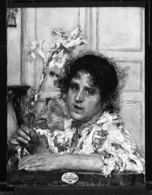 Antonio Mancini (Italian, 1852-1930). <em>Girl with Lilies</em>. Oil on canvas, 23 13/16 x 18 1/2 in.  (60.5 x 47.0 cm). Brooklyn Museum, Gift of the Estate of Emil Fuchs, 33.291 (Photo: Brooklyn Museum, 33.291_bw.jpg)
