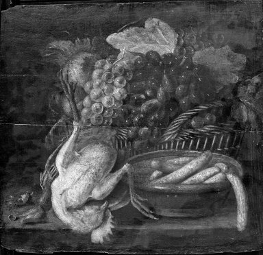 Unknown Dutch. <em>Still Life - Plucked Chicken, Sausages, Fruit, etc.</em>, 17th century. Painting on wood, 17 5/16 x 18 3/8 in.  (44.0 x 46.7 cm). Brooklyn Museum, Gift of Mrs. Henry Wolf, Austin M. Wolf, and Hamilton A. Wolf, 33.36 (Photo: Brooklyn Museum, 33.36_after_treatment_bw.jpg)