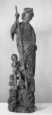 Unknown. <em>St. Michael Slaying the Devil who Holds Two Children in his Grasp</em>, 13th century. Wood, polychrome, Height: 49 in. (124.5 cm). Brooklyn Museum, Charles Stewart Smith Memorial Fund, 33.394. Creative Commons-BY (Photo: Brooklyn Museum, 33.394_view1_acetate_bw.jpg)
