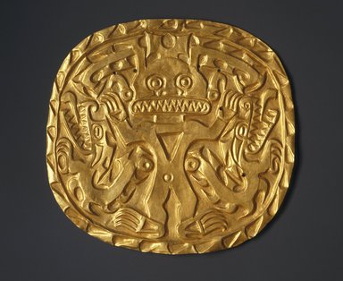 Coclé. <em>Plaque with Crocodile Deity</em>, ca. 700-900. Gold, 8 1/2 x 9 in. (21.6 x 22.9 cm). Brooklyn Museum, Museum Expedition 1931, Museum Collection Fund, 33.448.12. Creative Commons-BY (Photo: Brooklyn Museum, 33.448.12_SL1.jpg)