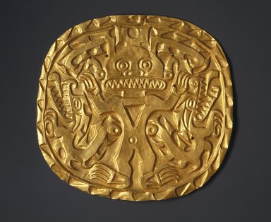 Coclé. <em>Plaque with Crocodile Deity</em>, ca. 700–900. Gold, 8 1/2 x 9 in. (21.6 x 22.9 cm). Brooklyn Museum, Museum Expedition 1931, Museum Collection Fund, 33.448.12. Creative Commons-BY (Photo: Brooklyn Museum, 33.448.12_SL1.jpg)