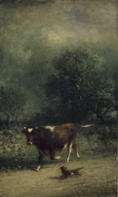 James McDougal Hart (American, born Scotland, 1828-1901). <em>Cow and Dog</em>, n.d. Oil on canvas, 25 15/16 x 15 1/2 in. (65.9 x 39.4 cm). Brooklyn Museum, Gift of Cornelia E. and Jennie A. Donnellon, 33.577 (Photo: Brooklyn Museum, 33.577_transp1136.jpg)