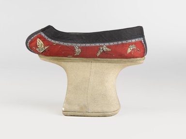 Chinese. <em>Manchu Woman's Shoes</em>, 19th century (probably). Embroidered satin-weave silk, wood, textile, leather, 6 ¼ x 8 ½ x 4 ¼ in. each (overall). Brooklyn Museum, Brooklyn Museum Collection, 34.1060a-b. Creative Commons-BY (Photo: Brooklyn Museum, 34.1060a_PS9.jpg)