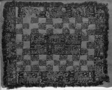 Paracas. <em>Poncho</em>, 100-200. Camelid fiber, 33 x 25in. (83.8 x 63.5cm). Brooklyn Museum, Alfred W. Jenkins Fund, 34.1578. Creative Commons-BY (Photo: Brooklyn Museum, 34.1578_view1_acetate_bw.jpg)