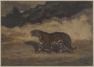 Antoine-Louis Barye (French, 1795–1875). <em>Tiger Walking to the Left (Tigre marchant vers la gauche)</em>, n.d. Pastel and watercolor on cream-colored wove paper mounted on thin paperboard, 10 3/8 x 14 9/16 in. (26.4 x 37 cm). Brooklyn Museum, Gift of the executors of the Estate of Colonel Michael Friedsam, 34.482 (Photo: , 34.482_PS9.jpg)